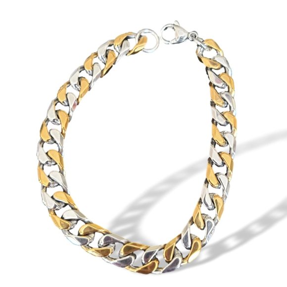 Men's Gold Plated Stainless Steel Two Toned 9mm Cuban Curb Chain & Bracelet Set - Picture 5 of 6